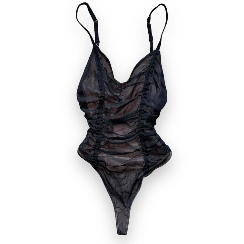Urban Outfitters black mesh ruched bodysuit with a cream underlay. Size M